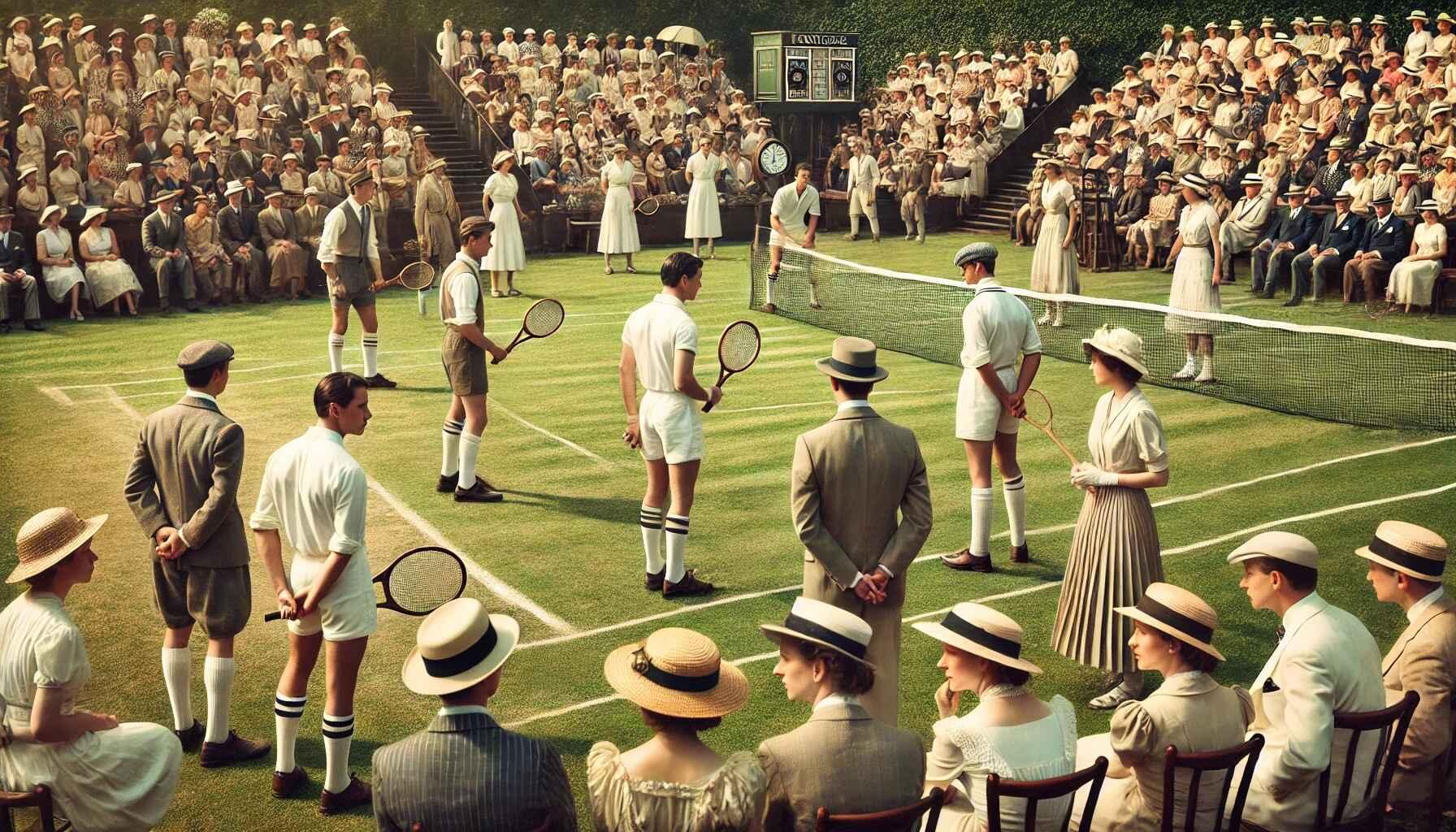 Vintage old timey tennis image with pants and long skirts and wooden rackets.