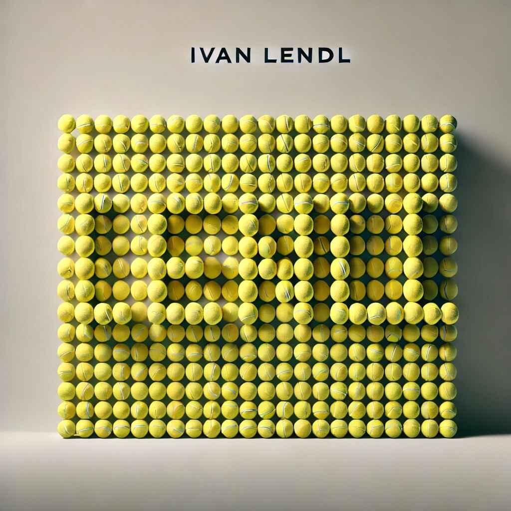 A wall made of tennis balls with the name of Ivan Lendl above it