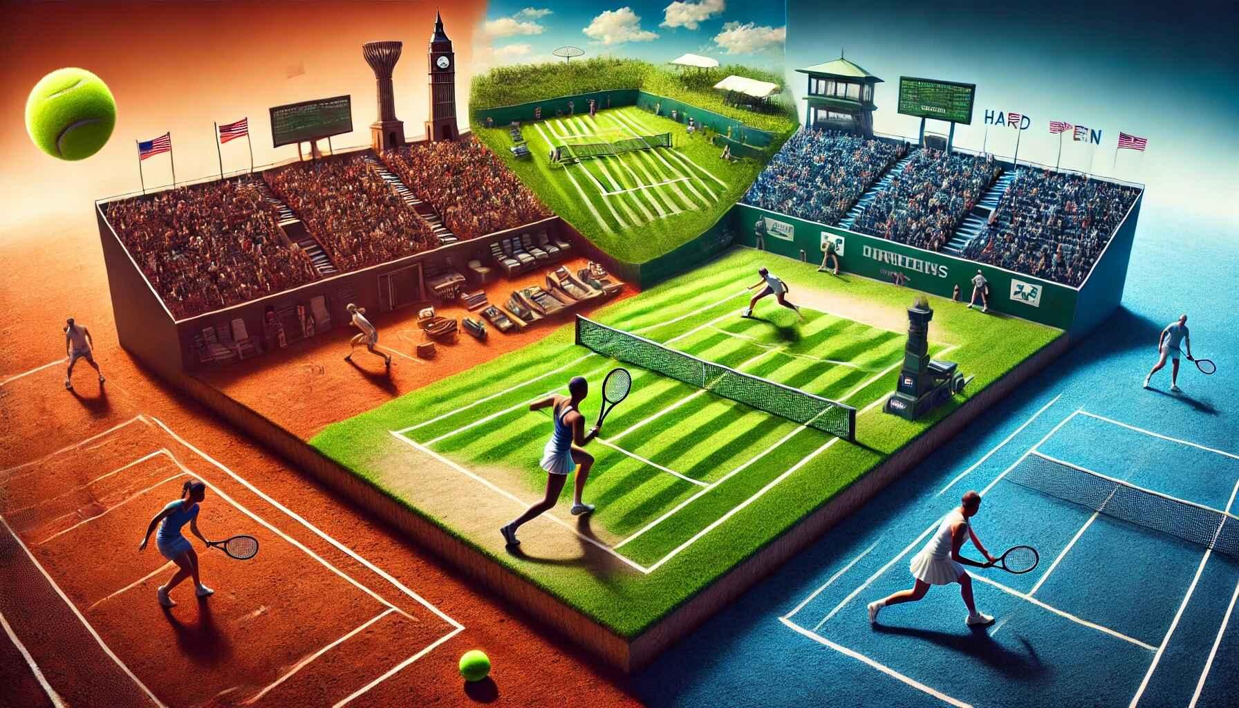 An image showing a grass court, a hard court and a clay court