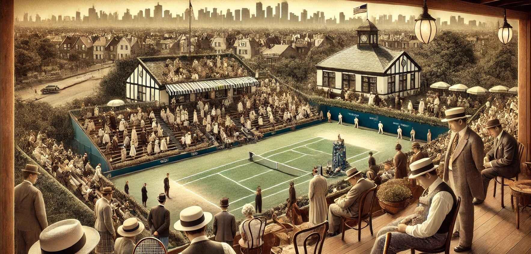 An old timey picture of tennis at the West Side Country club in Forest Hills