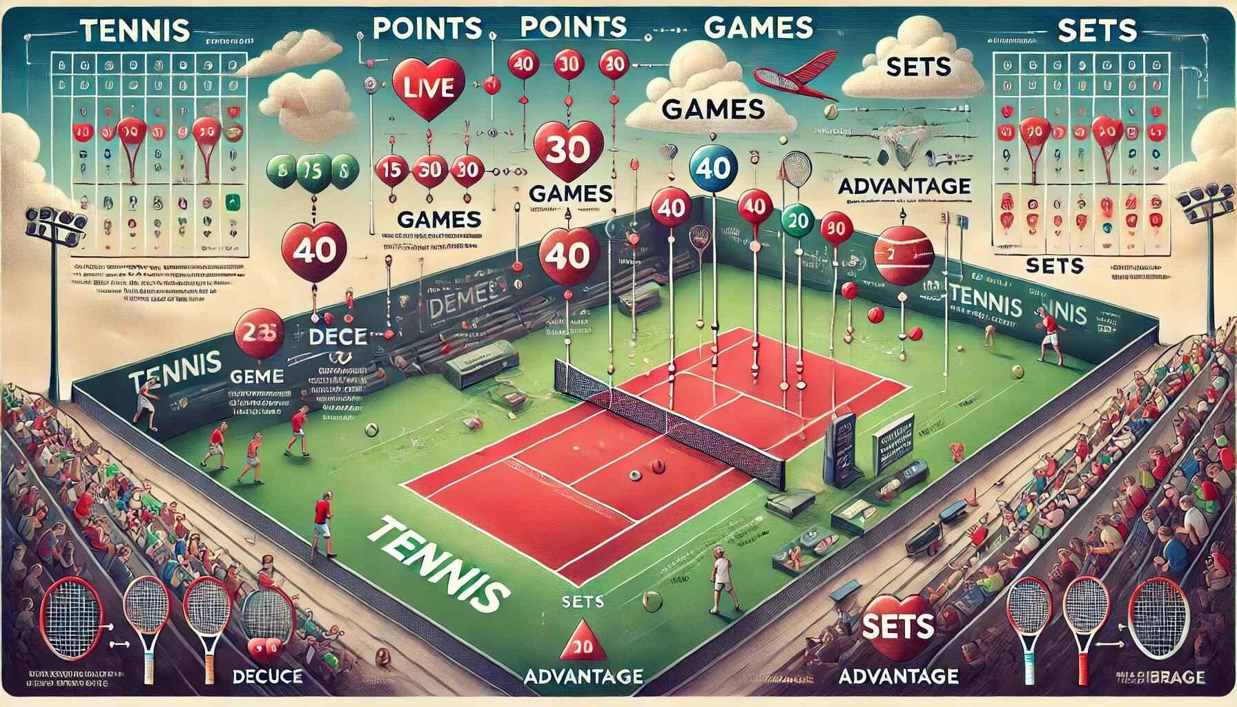 An image depicting the complicated world of understanding tennis scoring